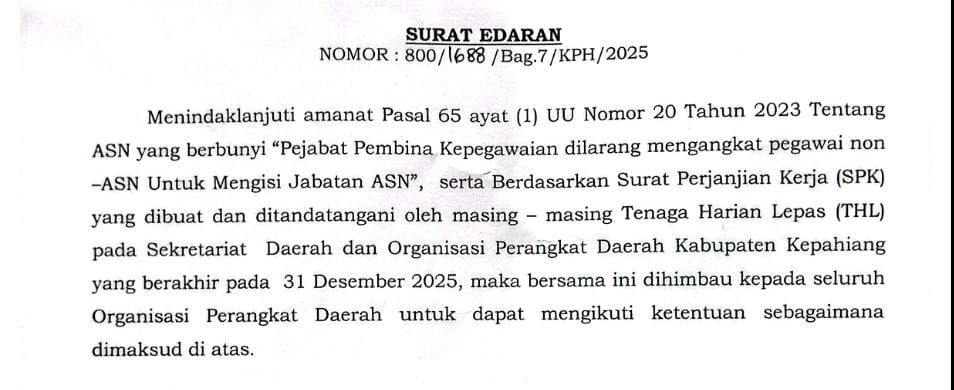 Surat Edaran Resmi, OPD Dilarang Rekrut THL atau Tenaga Honorer