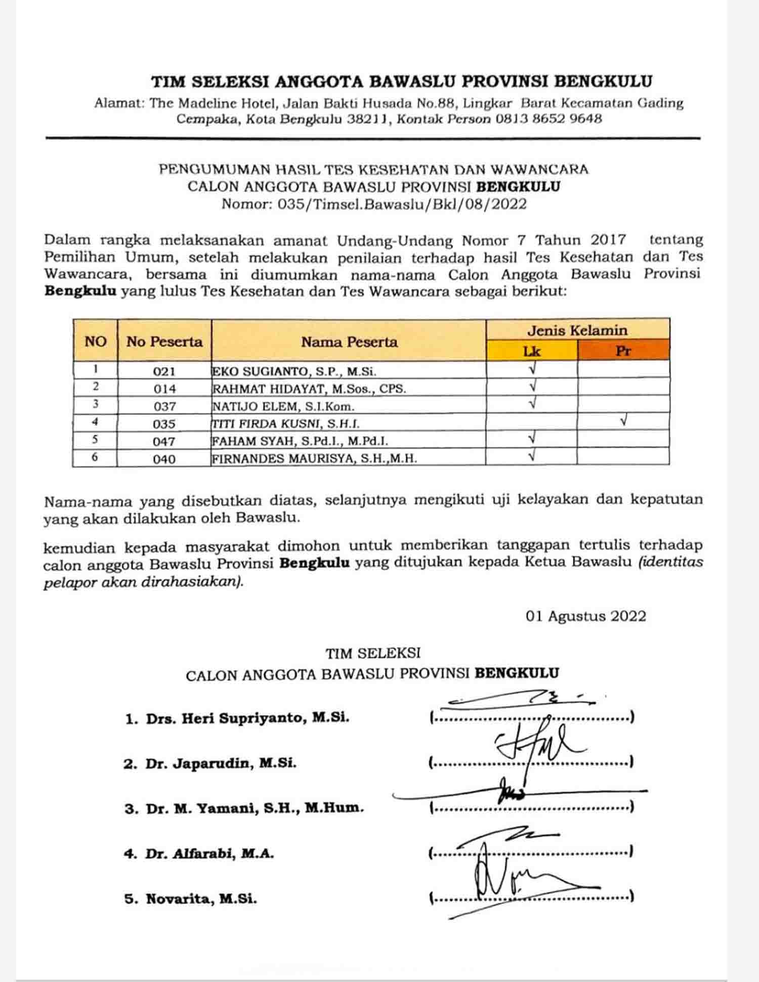 Hasil 6 Besar ke Bawaslu RI, Hanya 3 Calon Bakal Ditetapkan