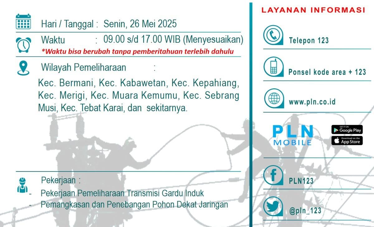 Penebangan Pohon Dekat Jaringan, Listrik di Kepahiang Dijadwalkan Padam 8 Jam Hari Ini