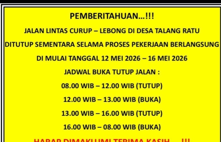 Jalan Talang Ratu Diperbaiki, Jadwal Buka Tutup Jalan Diberlakukan