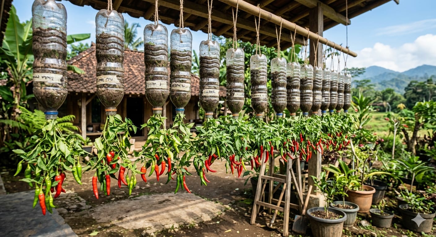 Dari Botol Plastik Bekas dan Tali Rafia, Begini Cara Buat Kebun Cabai Gantung!