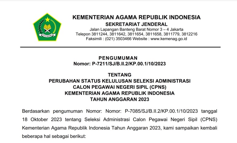 Cek Namamu! Berikut Perubahan Status Kelulusan Seleksi Administrasi CPNS Kementerian Agama