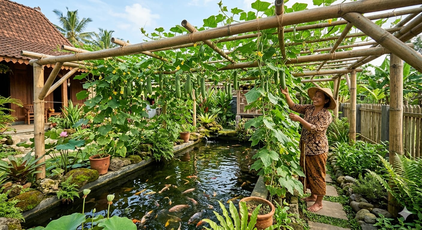 Estetik dan Produktif, Ini 3 Inspirasi Kebun Mentimum Rambat Diatas Kolam Ikan