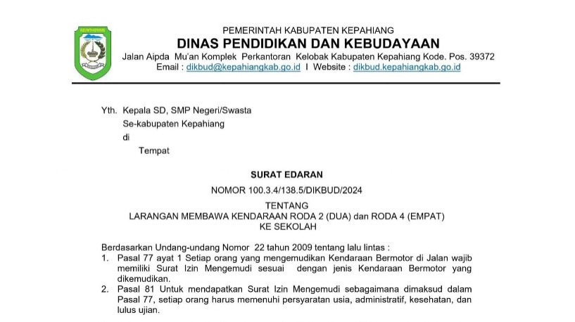 Ini Surat Edarannya, Dikbud Kepahiang Tegas Larang Pelajar Bawa Kendaraan ke Sekolah!