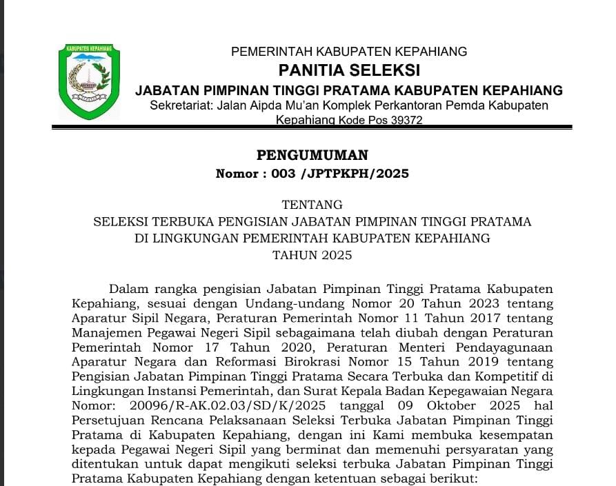 9 Jabatan Kepala OPD Resmi Dilelang, Daftarnya Via Online!