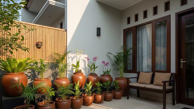 5 Desain Teras Rumah Kecil Jadi Taman Santai dengan Pot Tanah Liat