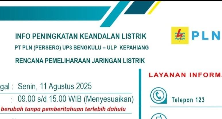 Perbaikan Jaringan, Ini Jadwal Pemadaman Listrik ULP PLN Kepahiang