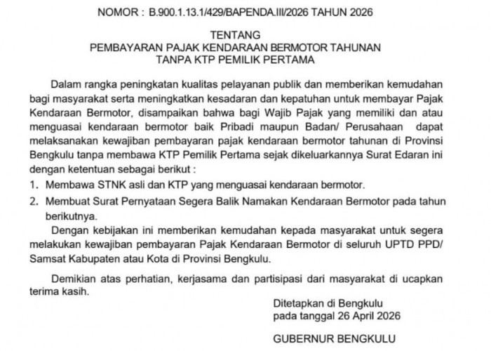 Tidak Perlu KTP Pemilik Lama, Bayar Pajak Kendaraan di Bengkulu Makin Gampang 