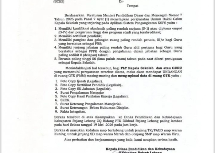 Dinas Dikbud Rejang Lebong Buka Penjaringan Bakal Calon Kepala Sekolah 2026