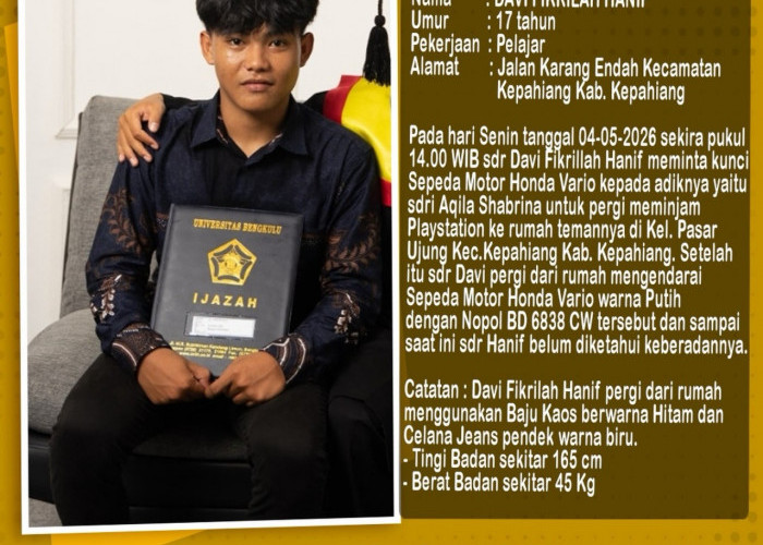Pelajar Kepahiang Hilang Misterius, Pergi Pinjam PS Namun Sudah Sepekan Tak Kunjung Pulang