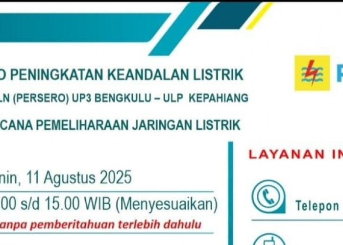 Perbaikan Jaringan, Ini Jadwal Pemadaman Listrik ULP PLN Kepahiang