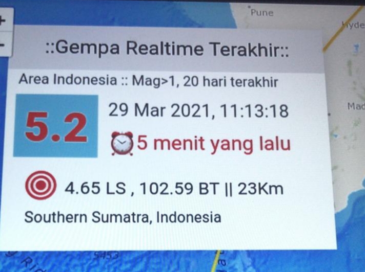 Gempa Bumi 5,2 SR Terasa di Kepahiang